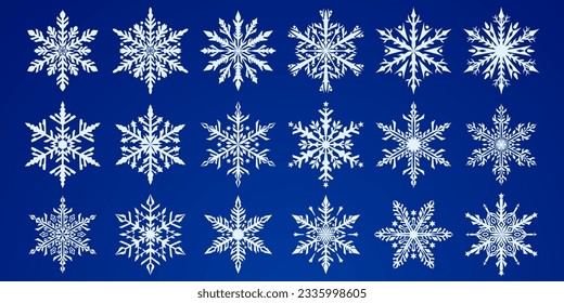 Set of beautiful complex Christmas snowflakes, white on blue background