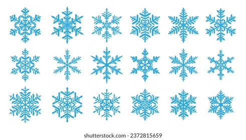 Conjunto de hermosos y complejos copos de nieve de Navidad, azul claro sobre fondo blanco