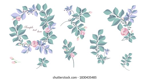 A set of beautiful compositions of flowers and openwork twigs on a white background