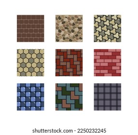 Set of beautiful construction tiles in cartoon style. Vector illustration of building tiles of different textures and materials, suitable for walls, floors and street paths on white background.
