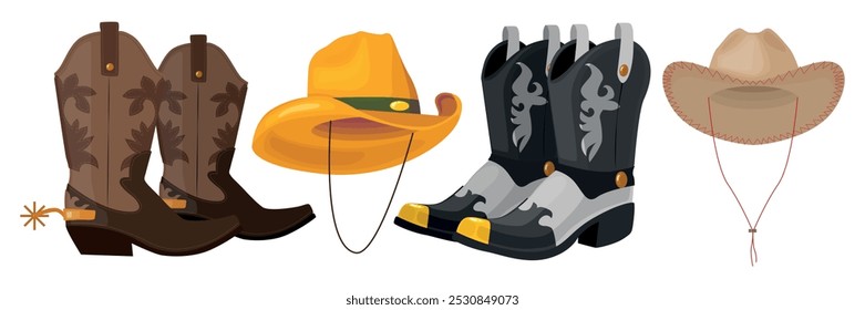 Set of beautiful cowboy boots and hats in cartoon style. Vector illustration of cowboy boots with different patterns, buckles, heels and hats with ropes isolated on a white background. Wild west.