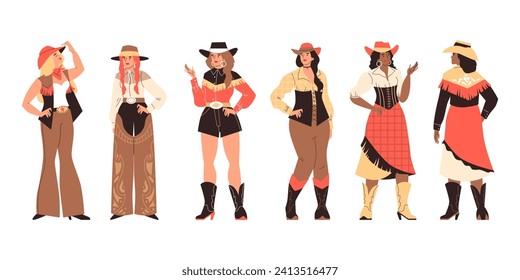 Conjunto de hermosas vaqueras de estilo plano, ilustración vectorial aislada en fondo blanco. Colección de elementos de diseño decorativos, ropa tradicional, cultura