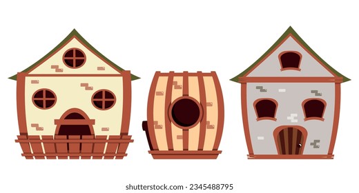 Set of beautiful cozy cottages in cartoon style. Vector illustration of cute fairy houses of different shapes with windows, doors, wooden fences, bricks isolated on white background.