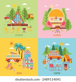 Set of beautiful creative backgrounds with tourist equipment, bungalows and transportation.  Camping, glamping, beach camp, countryside outdoor recreation, sport activity and fun. 