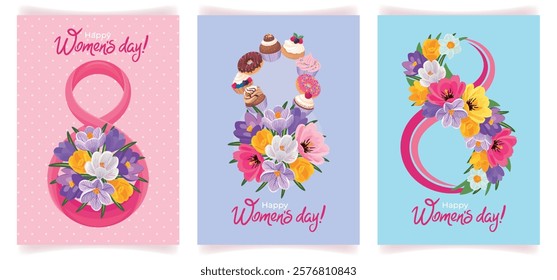 Set of beautiful creative floral backgrounds for Women's Day with different variations of the number 8. Greeting card with spring blooming flowers laid out in the shape of an eight. 