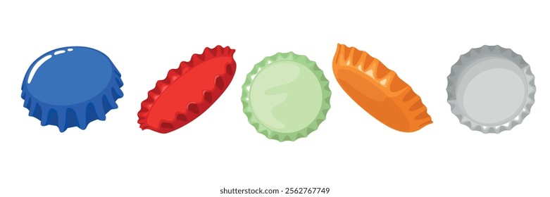 Set of beautiful crown corks for closing bottles in cartoon style. Vector illustration of crown caps for bottles of different colors: dark blue, red, green, orange, gray isolated on white background.