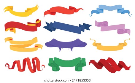 Set of beautiful and curved ribbon banners in cartoon style. Vector illustration of elegant colored ribbons for banners, logos, different shapes and sizes isolated on white background. Tape templates.