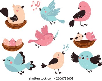 A set of beautiful and cute birds. Spring singing birds. Bird on the nest and little chicks. Vector birds for postcards and t-shirts.