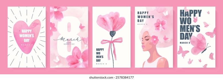 Set of beautiful cute cards for International Women's Day on March 8. Collection of cards with watercolor design elements. Watercolor flowers, heart, butterflies, beautiful woman with pink hair