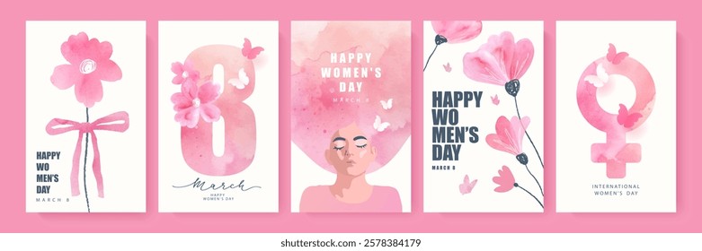 Set of beautiful cute cards for International Women's Day on March 8. Collection of cards with watercolor design elements. Watercolor flowers, butterflies, beautiful woman with pink hair, feminine