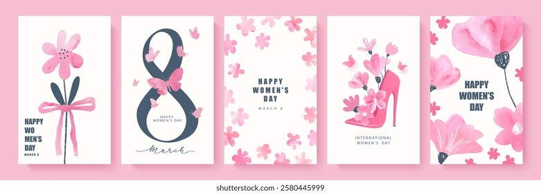 Set of beautiful cute cards for International Women's Day on March 8. Collection of cards with watercolor design elements. Watercolor flowers, butterflies, shoe with flowers. Vector illustration.