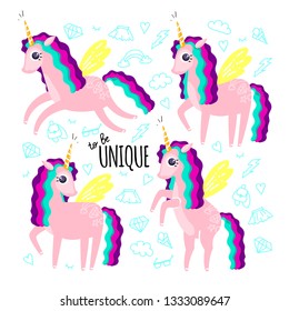 Set of beautiful cute unicorns and inscription to be unique