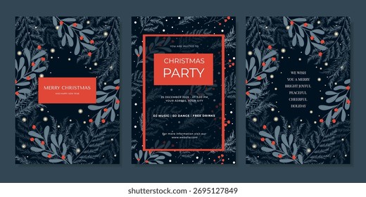 set of Beautiful Dark backgrounds with coniferous branches and red berries. Vector Templates For Invitations To a Christmas party, New Year, posters, greeting cards