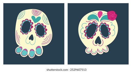 Set of beautiful decorated skull with rose in turquoise blue and pink colors as a The day of dead or dia de los muertos. Hand drawn vector flat colored illustration. Mexican traditional holiday