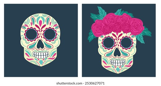 Conjunto de belo crânio decorado com coroa de rosa em azul turquesa e cores rosa como um O dia de mortos ou dia de los muertos. Ilustração de cor plana vetor desenhada à mão. Feriado tradicional mexicano