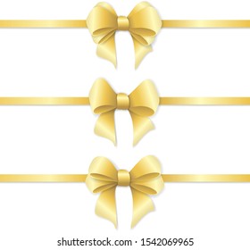 Set of beautiful decorative bow knots made of gold ribbon isolated on white background; Vector silk bowknot illustration in paper cut style for greeting card, gift decoration