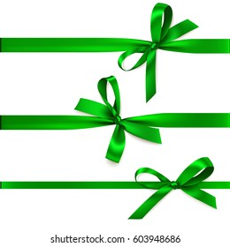 Set of beautiful decorative bows with horizontal ribbon for gift decoration. Vector green bow isolated on white