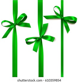 Set of beautiful decorative bows with vertical ribbon for gift decoration. Vector green bow isolated on white