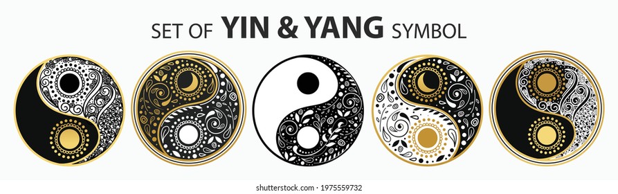 Set Of Beautiful Decorative Doodle Yin Yang Symbol. Hand Drawn White And Black Round Or Circular Pattern Vector Illustration. Zentangles.