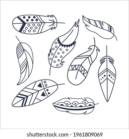Set of beautiful decorative feathers isolated on a white background. Elements of Indian tribes. Boho style. Vector illustration