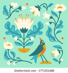 Set of beautiful decorative flowers. Retro floral collection. Flat style vector