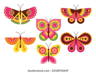 Set of beautiful decorative stylised butterflies isolated on white. vector illustration, icon, symbol, object