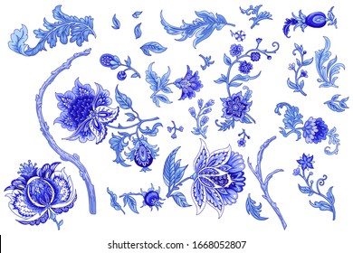 Set of beautiful decorative vector flowers for porcelain