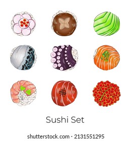 A set of beautiful delicious Japanese sushi. Watercolor illustration, hand-drawn on a white background