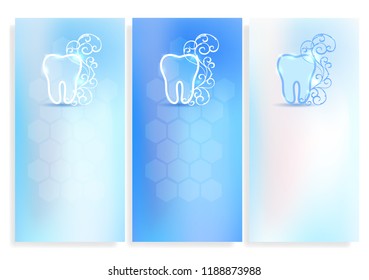 Set of beautiful dental blank templates, tooth symbol with white abstract swirly flower on a delicate clean blue background