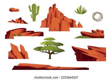 Set of beautiful desert rocks in cartoon style. Vector illustration of constructor with mountains, sheer cliffs, stones, trees, cacti, tumbleweeds, weeds on white background.