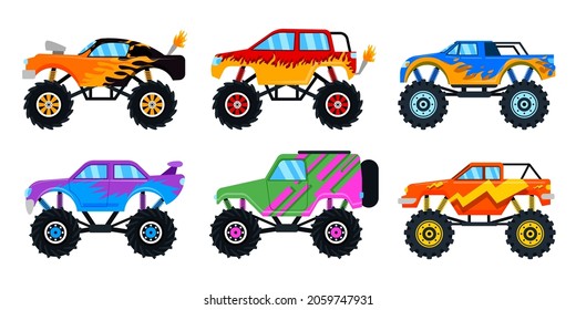 Conjunto de hermosos diseños en coches fuera de carretera sobre fondo blanco, ilustración vectorial