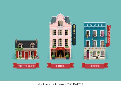 Set Of Beautiful Detailed Lodging And Accommodation Building Facades With Guest House, Expensive Luxury Hotel And Low Cost Youth Hostel
