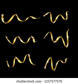 Set of beautiful different festive golden yellow expensive luxury elegant gift wavy vip shiny volume ribbons lines, serpentine for the new year, Christmas is isolated on a black background.