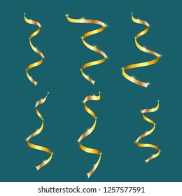 Set of beautiful different festive golden yellow expensive luxurious elegant gift wavy VIP blessed volume ribbons of lines, serpentine for the new year, Christmas is isolated on a blue background.