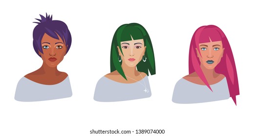 set beautiful different nationalities women with different colorful hairstyles violet, green, pink