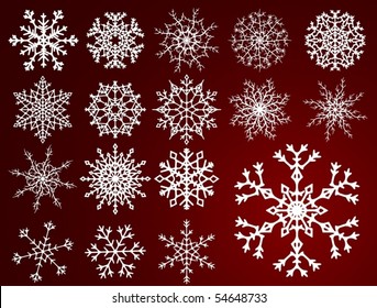 Set of beautiful different snowflakes isolated on red background - vector