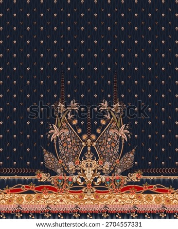 A set Beautiful Digital dupattas created with unique motif including Border Multi-Color strips, Flowers Ikat Ethnic Ornament baroque chunri Patterns printable for women fabric Kurti shirt sleeves etc.