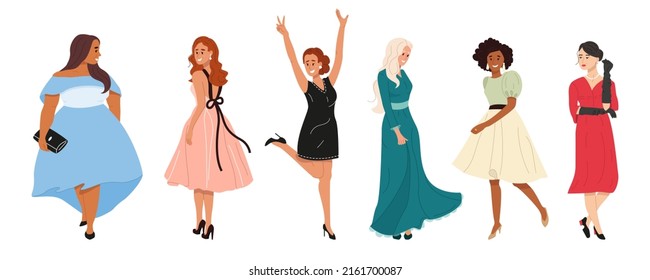 Set of beautiful diverse multicultural women in evening outfits. Fashion multiracial girls wearing different dresses. Flat vector illustration isolated on white background 