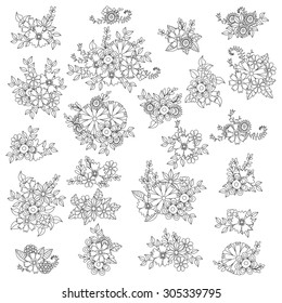 Set of beautiful doodle flower ornaments. Zentangle floral pattern. Hand drawn herbal design elements. Black and white pattern.