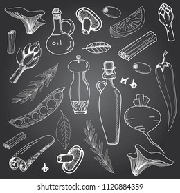 a set of beautiful doodles on the theme of spices and oil. drawn in white.