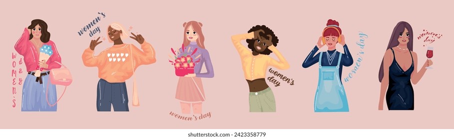 Set of beautiful drawn ladies on pink background. International 