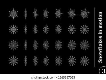 Set of beautiful drawn snowflake silhouettes im rotating motion