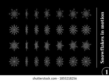 Set of beautiful drawn snowflake silhouettes im rotating motion
