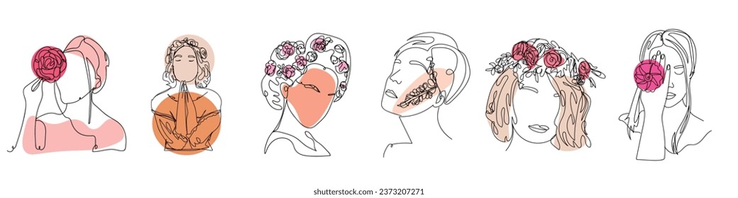 Set of beautiful drawn women with flowers on white background