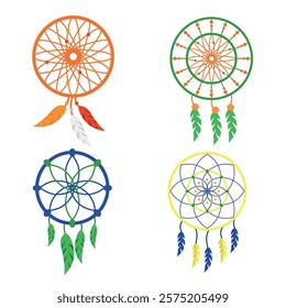 Set of beautiful dream catchers in cartoon style. Vector illustration of dream catchers made of hard threads, colored feathers, beads isolated on white background. Indian amulets. Ethnic jewelry.