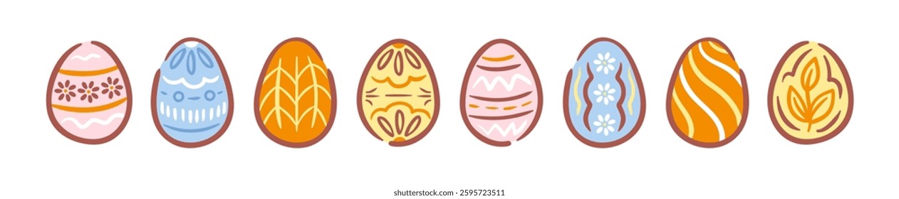 Set of beautiful Easter eggs in various colors and patterns. Vector illustration in a stylish sketch format, ideal for enhancing designs related to the Easter holiday.