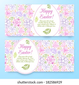 Set of beautiful easter floral banners set with eggs. Doodles ornament theme for your design 