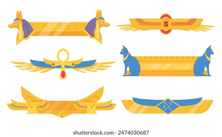 Conjunto de hermosos símbolos egipcios en estilo de dibujos animados. Ilustración vectorial de rayas ornamentales egipcias: Anubis, escarabajo escarabajo, gatos, cruz, cetro cruzado y látigo aislado sobre fondo blanco.