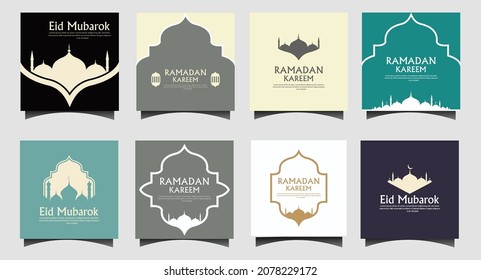set beautiful eid mubarak with mosque background design vector