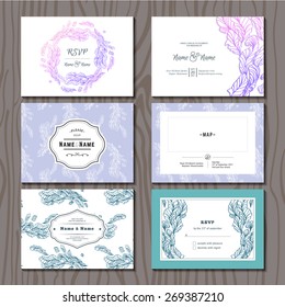 Set of Beautiful Elegant Wedding Invitations with Feathers. Vector Greetings Template.